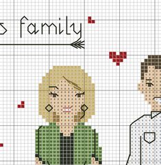 the cross stitch pattern shows two people in front of a sign that says, it's family