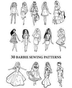 barbie doll sewing pattern for barbie dolls with different outfits and hair styles, all in black and white