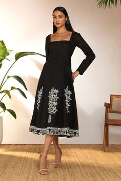 Black square neck, fit and flared dress with paneled empire waist and contrasting floral, pomegranate pattern embroidery. - Aza Fashions Pomegranate Pattern, Square Neck Midi Dress, Empire Waistline, Panel Dress, Full Sleeves, Dress For Women, Xl Dress, Aza Fashion, Empire Waist