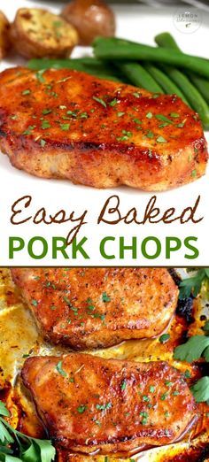 easy baked pork chops on a plate with green beans