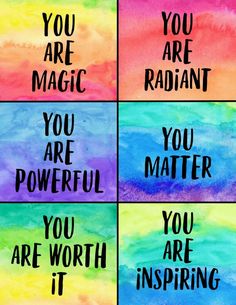 four different colored cards with the words you are magic, you are powerful, you are worth