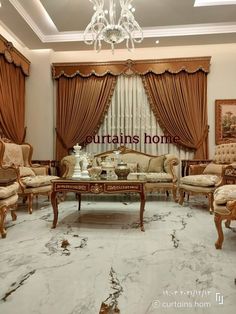 an elegant living room with marble floors and curtains