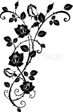 a black and white drawing of flowers on a vine with swirly stems, leaves and buds