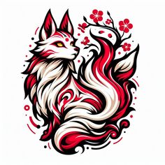 an image of a fox with flowers on it's head and red ink in the background