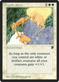 a card with an image of a woman holding a bird in her hand and the caption reads, as long as the only creatures you control are white or artifact