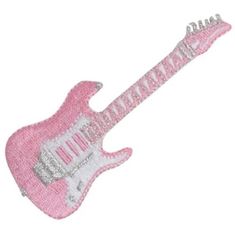 a pink guitar with the words rock and roll written in silver on it's neck