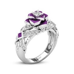 Unique Rose Promise Rings For Her Purple Rose Flower Design Ring Luxury, Rose Violette, Unique Roses, Flower Engagement Ring, Purple Jewelry, Ring Wedding Band, Promise Rings For Her, Rose Ring, Rose Engagement Ring