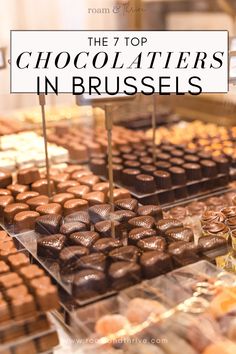 there are many different types of chocolates in the display case with text overlay that reads, the 7 top chocolatetier's in brussels