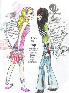 two young women standing next to each other in front of a sign that says emo vs prep