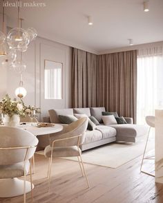 a living room filled with furniture and a dining table in front of a large window