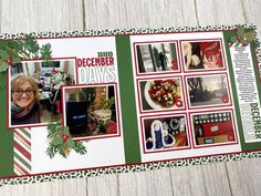 a christmas scrapbook with pictures and words on the page, decorated in green and red