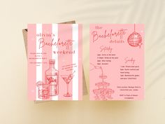 a pink and white striped menu with a bottle of booze next to it