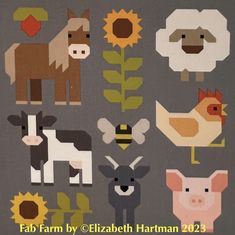 an image of farm animals and plants on a gray background with the words fab farm by elizabeth hartman 2012