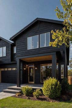 a large black house with lots of windows