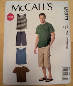 a man standing in front of a pattern for shorts and t - shirt with the words, mccall's easy