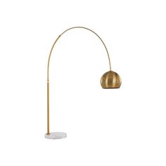 the floor lamp is gold and has a white base