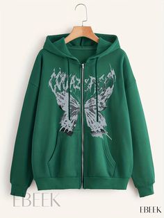 Ebeek - Womens Butterfly Print Thermal Hoodie with Kangaroo Pocket and Drawstring - Long Sleeve Zip Up Sweatshirt for Casual Fall & Winter Tops Green Casual Sweatshirt With Drawstring, Green Casual Hoodie With Drawstring, Spring Green Sweatshirt With Drawstring, Casual Green Hoodie With Drawstring, Casual Green Sweatshirt With Drawstring, Spring Green Drawstring Sweatshirt, Green Sweatshirt With Kangaroo Pocket For Spring, Green Drawstring Tops For Fall, Green Tops With Kangaroo Pocket For Spring