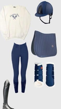 a horse riding outfit with boots, booties and hat on top of the image