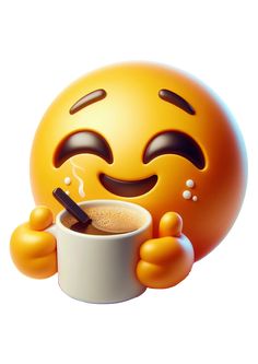 an emoticive smiley face holding a cup of coffee with its arms and legs