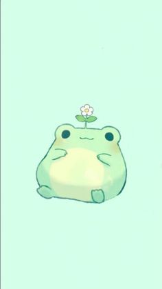 a green frog with a flower on its head sitting in front of a blue background