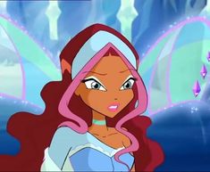 a cartoon character with pink hair and blue eyes looking at the camera while standing in front of an ocean background