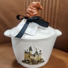 a ceramic container with a hogwarts castle on it