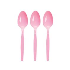 three pink plastic spoons and one is empty