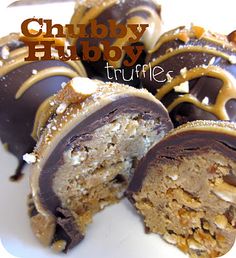 chocolate covered donuts on a white plate with the words chubby hubby truffles