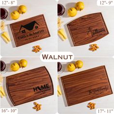 four pictures of walnut cutting boards with the names of each product on them and some lemons next to them