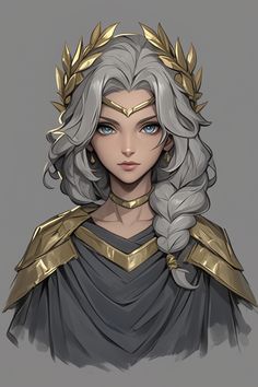 a drawing of a woman with grey hair and gold accents on her head, wearing a crown