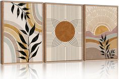 three canvases with an abstract design on the front and back, each featuring leaves