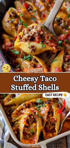 cheesy taco stuffed shells in a casserole dish with text overlay