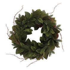 a wreath with green leaves and pine cones