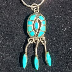 Sterling Silver Genuine Turquoise Vintage Pendant And Chain Pendant 1.5" This Is A Beautiful Piece The Zuni's Call The Hummingbird Please Scroll Through My Closet As I Have Many Native American Navajo Turquoise Pieces Too Blue Sterling Silver Necklace With Inlay, Traditional Blue Turquoise Necklace With Inlay, Traditional Blue Turquoise Necklace With Large Pendant, Blue Turquoise Inlay Necklace For Gift, Turquoise Inlay Necklace For A Gift, Traditional Blue Oval Necklace, Blue Necklace With Round Inlay, Southwestern Style Blue Necklace With Large Pendant, Blue Southwestern Necklace With Large Pendant