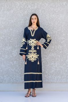 Feel like a Royalty! This Kaftan maxi dress is ideal to wear for any casual occasion. Whether a wedding, gathering, taking a trip down the shopping lane, or home-based kitty parties, or about anything else, wearing this dress will make you feel classy and comfortable.  The perfect house dress for lounging or having a coffee in your backyard on a beautiful morning, all while looking beautiful and feeling comfortable at the same time. Made of breezy and light fabric, it will make you feel relaxed. Bohemian Blue Floor-length Kurta, Bohemian Blue Tunic For Eid, Bohemian Blue Maxi Abaya, Blue Bohemian Tunic For Eid, Blue Tunic Maxi Dress For Eid, Blue Traditional Maxi Length Kaftan, Traditional Blue Maxi Length Thobe, Traditional Blue Maxi Length Kaftan, Blue Maxi Dress For Beach Eid Festival