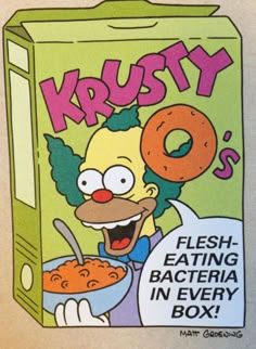 a box of krusty's cereal with the simpsons character holding a donut