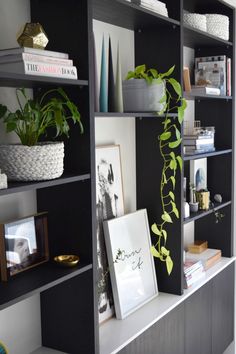 a bookshelf with plants and pictures on it