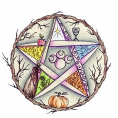 a pen and ink drawing of a pentagramil with pumpkins, wine glasses and other items