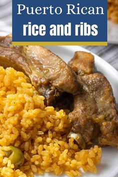 a plate with rice and ribs. Puerto Rican Short Ribs, Puerto Rican Pork, Chicharrones Recipe, Puerto Rican Rice, Caribbean Foods, Boneless Pork Ribs, Homemade Tamales, Backyard Food, Latin Recipes