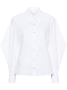 optical white cotton poplin texture embroidered logo to the rear cut-out detailing classic collar front button fastening diamond sleeves buttoned cuffs straight hem White Poplin Office Shirt, Classic Formal Poplin Blouse, White Poplin Shirt For Office, Designer White Top With Fold Down Collar, Timeless White Cotton Blouse, Elegant Poplin Tops For Office, Luxury White Cotton Blouse, Elegant Poplin Tops For The Office, Formal Long Sleeve Poplin Blouse