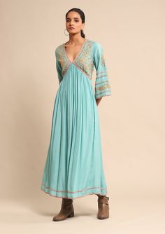 Ritu Kumar-Turquoise Embroidered Dress-INDIASPOPUP.COM Ritu Kumar, Gathered Dress, Intricate Embroidery, Bell Sleeve Dress, Embroidery Work, Dress For Women, Luxury Fabrics, Dress Pattern, Embroidered Dress