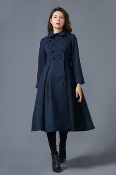 The navy blue coat design made of princess dress style. Fit and flare style is always popular with women. The wool skirt is made with navy blue wool blend, it has lining inner. it is enough warm. The winter coat is a beauty overcoat for the coming winter, The long coat is closed by the buttons. The hem of womens coat is bigger, like a skirt. lapel collar design, let this coat better beautiful, the wool coat has two side pockets design.FEATURESWool Blend50% wool, 50% polyester etcFully liner with Spring Long Peacoat With Buttons, Spring Peacoat With Buttons, Blue Long Wool Coat For Winter, Winter Wool Coat With Covered Buttons, Winter Long Sweater Coat With Buttons, Winter Double-breasted Outerwear With Covered Buttons, Blue Wool Coat With Buttons For Fall, Blue Double-breasted Wool Coat For Winter, Blue Long Wool Coat For Fall