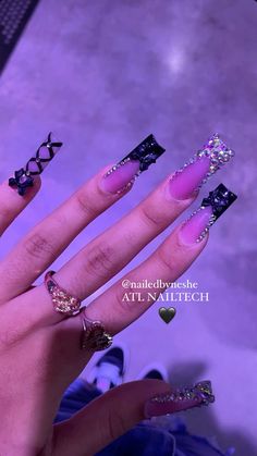 #nails #nailinspo #naildesign #nailtech #blacknails #blackfrenchtips Nail Designs Pink And Purple, Medium Long Birthday Nails, Middle Nails Ideas, Medium Nails Black, Black Unique Nails, Pink Baddie Nail Ideas, Long Black Nail Designs, Glam Black Nails, Black Long Nails Ideas