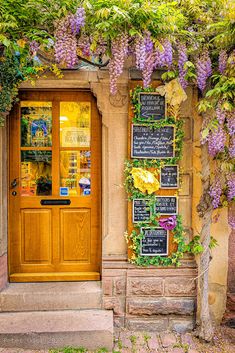 an entrance to a building with purple flowers growing on the outside and green vines hanging over it