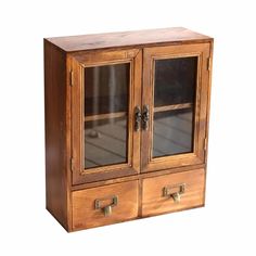 a wooden cabinet with two glass doors on the front and one door open to reveal something