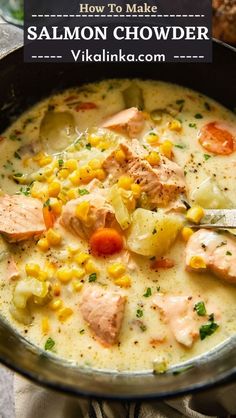 salmon chowder with corn and potatoes in a skillet