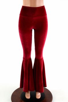 This item is made to order, please read all the way through the listing before purchasing!  These leggings are made of top quality stretchy velvet, in a gorgeous deep red. Not the cheap velvet panne, this buttery soft velvet is spandex for the best stretch and shape retention! They have a smooth stretch waistband that sets high at the natural waist for a sleek anti muffin top fit. They flare out super wide below the knee! Inseam = 32, if you need it shorter or longer please note your ins... Flares Leggings, Velvet Bell Bottoms, Flare Legging, Green Mermaid, Velvet Clothes, Best Stretches, Flare Leggings, Stretch Velvet, Olive Branch