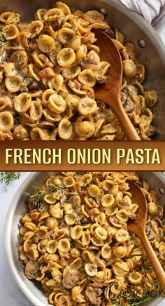 This cozy French Onion Pasta recipe has a rich and creamy sauce with caramelized onions, gruyere cheese, mushrooms, pancetta, and pasta! You can't beat this gourmet-style dinner! Pasta And Mushroom Recipes, Gourmet Side Dishes, Mushroom Pasta Recipes, French Onion Pasta, Cheese Mushrooms, Onion Pasta, Quick Vegetarian Dinner, Cozy Cook, Goat Cheese Pasta