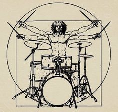 a drawing of a man with his arms outstretched behind drums and drumsticks in front of him