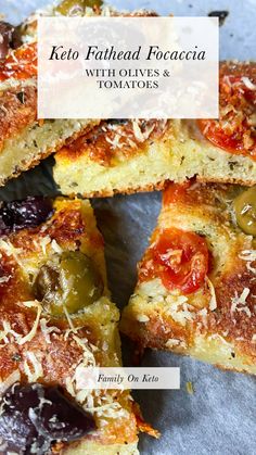 several pieces of bread with tomatoes and olives on top